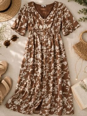 POLAGRAM Brown White Floral S Sleeve Lined Polyester Maxi Dress. Ladies Small